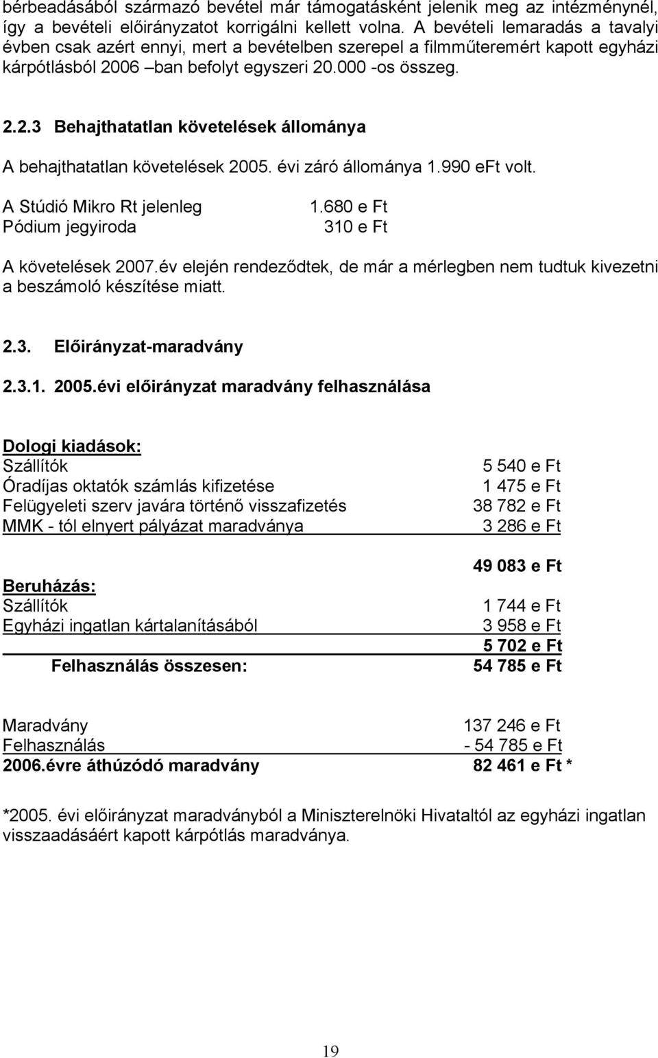 06 ban befolyt egyszeri 20.000 -os összeg. 2.2.3 Behajthatatlan követelések állománya A behajthatatlan követelések 2005. évi záró állománya 1.990 eft volt.