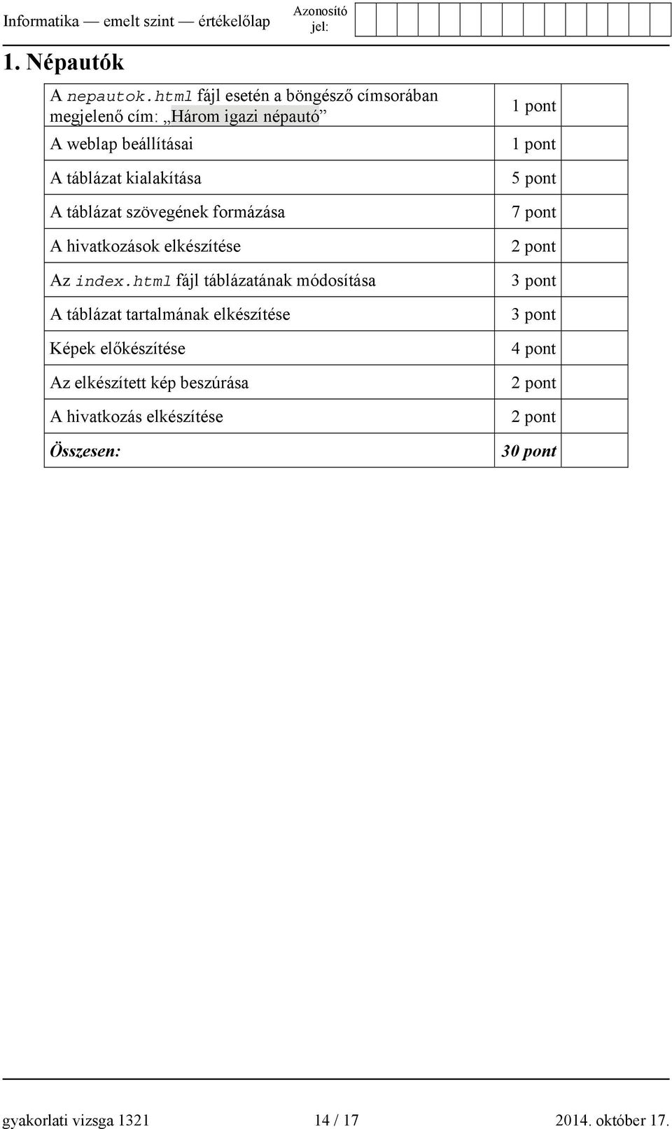 kialakítása A táblázat szövegének formázása A hivatkozások elkészítése Az index.