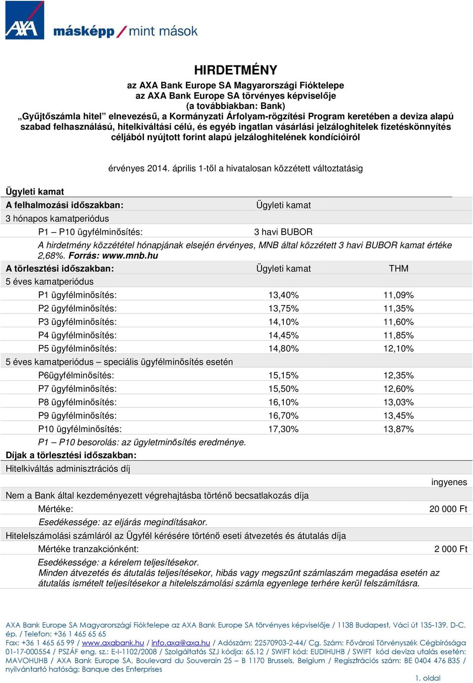 2014. április 1-tıl a hivatalosan közzétett változtatásig Ügyleti kamat A felhalmozási idıszakban: 3 hónapos kamatperiódus P1 P10 ügyfélminısítés: Ügyleti kamat 3 havi BUBOR A hirdetmény közzététel