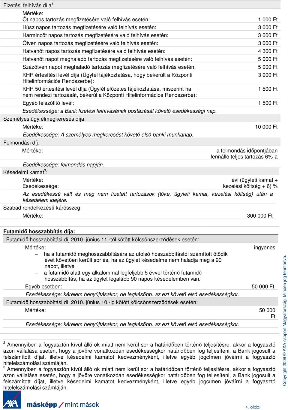 napot meghaladó tartozás megfizetésére való felhívás esetén: KHR értesítési levél díja (Ügyfél tájékoztatása, hogy bekerült a Központi Hitelinformációs Rendszerbe): KHR 50 értesítési levél díja