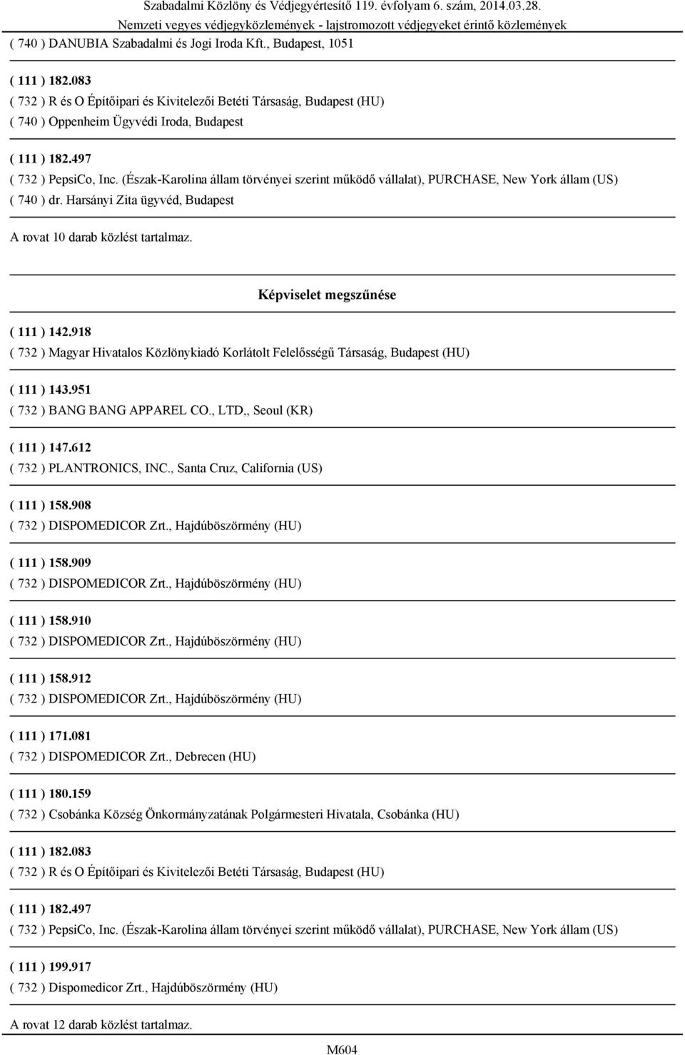 (Észak-Karolina állam törvényei szerint működő vállalat), PURCHASE, New York állam (US) ( 740 ) dr. Harsányi Zita ügyvéd, Budapest A rovat 10 darab közlést tartalmaz.