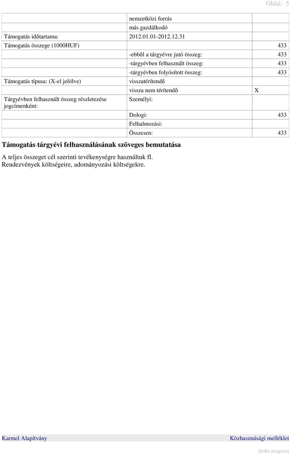 12.31 Oldal: 5 Támogatás összege (1000HUF) 433 Támogatás típusa: (X-el jelölve) Tárgyévben felhasznált összeg részletezése jogcímenként: -ebből a