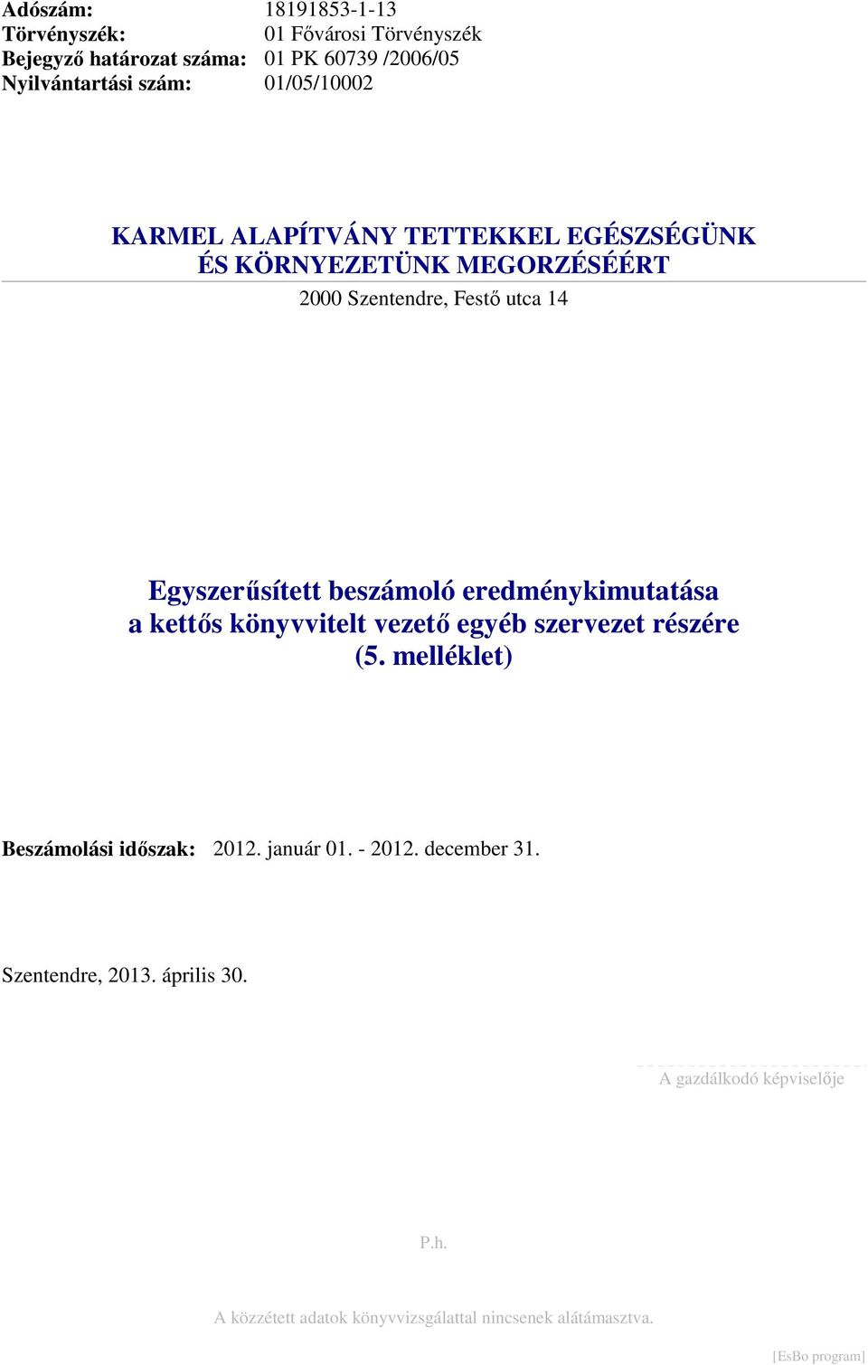eredménykimutatása a kettős könyvvitelt vezető egyéb szervezet részére (5. melléklet) Beszámolási időszak: 2012. január 01.