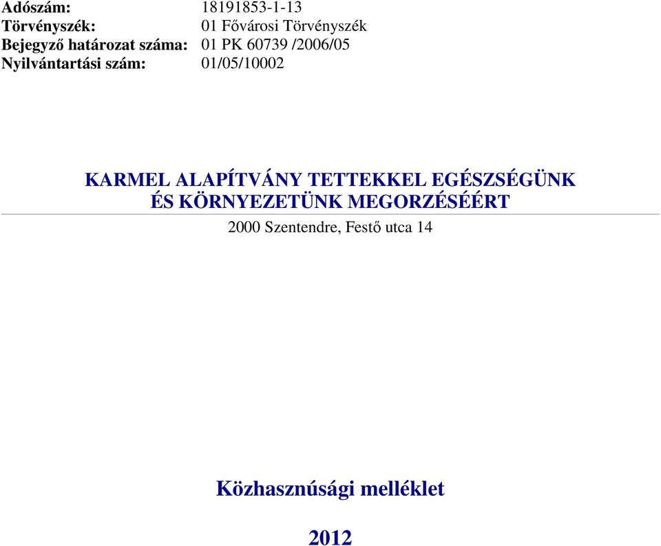 KARMEL ALAPÍTVÁNY TETTEKKEL EGÉSZSÉGÜNK ÉS KÖRNYEZETÜNK