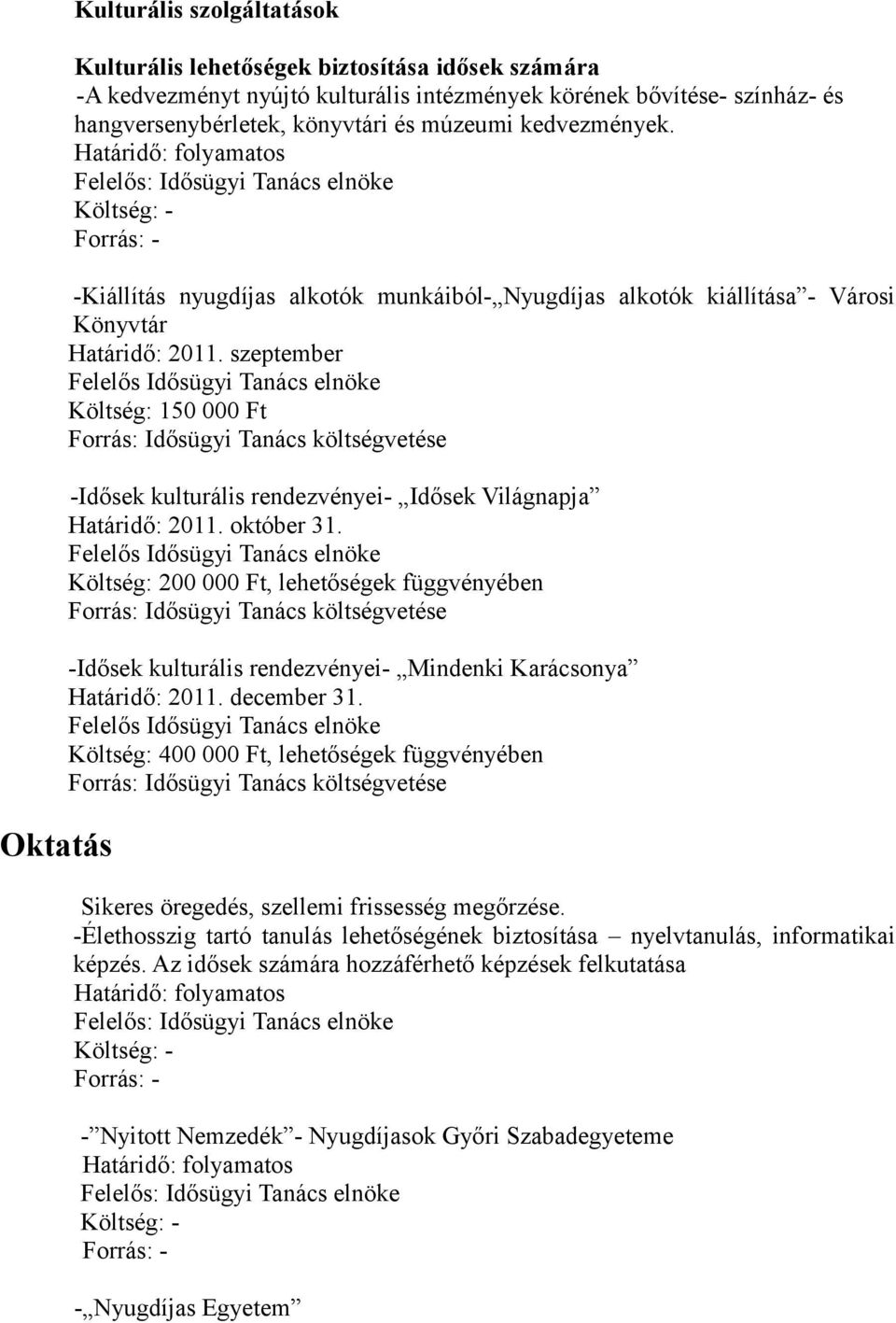 szeptember Felelős Idősügyi Tanács elnöke Költség: 150 000 Ft -Idősek kulturális rendezvényei- Idősek Világnapja Határidő: 2011. október 31.