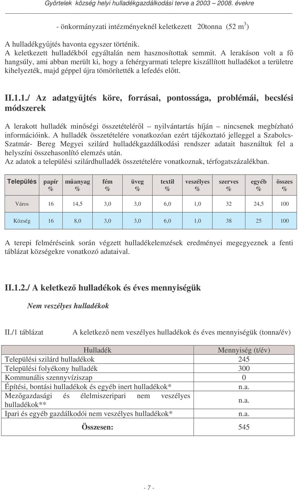 1./ Az adatgyjtés köre, forrásai, pontossága, problémái, becslési módszerek A lerakott minségi összetételérl nyilvántartás híján nincsenek megbízható információink.