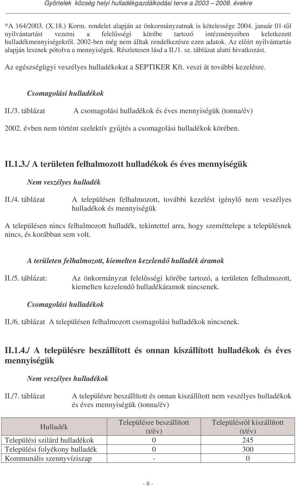 Az egészségügyi veszélyes okat a SEPTIKER Kft. veszi át további kezelésre. Csomagolási ok II./3. táblázat A csomagolási ok és éves mennyiségük (tonna/év) 2002.