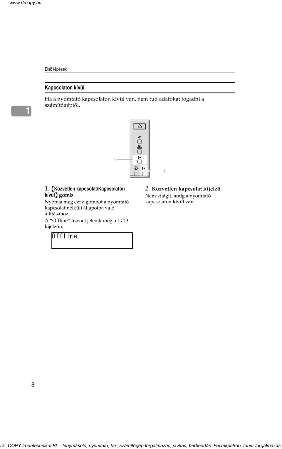 {Közvetlen kapcsolat/kapcsolaton kívül} gomb Nyomja meg ezt a gombot a nyomtató kapcsolat