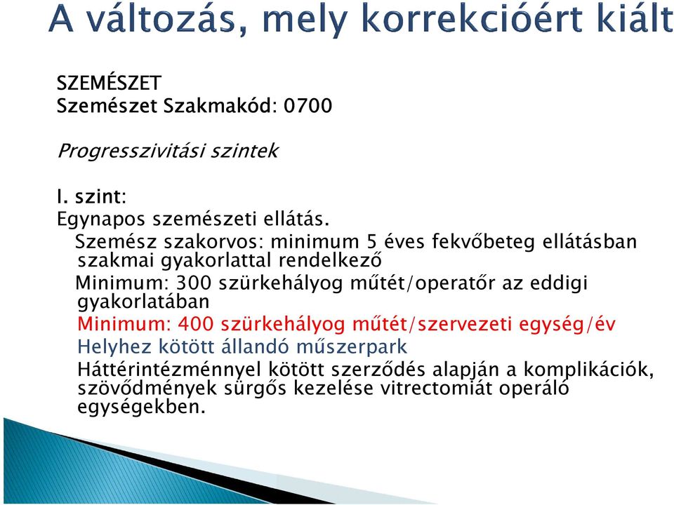 műtét/operatőr az eddigi gyakorlatában Minimum: 400 szürkehályog műtét/szervezeti egység/év Helyhez kötött állandó