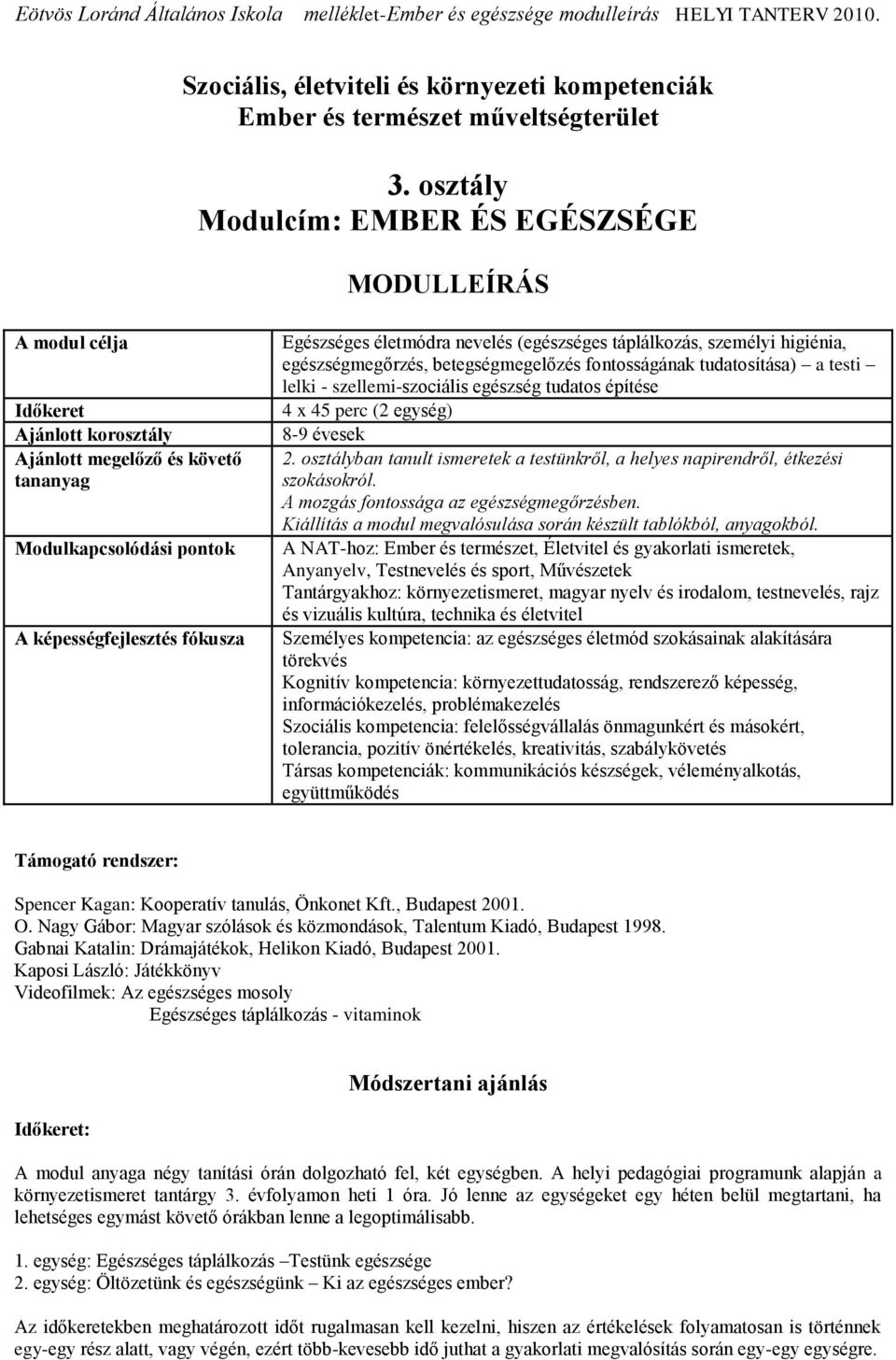 életmódra nevelés (egészséges táplálkozás, személyi higiénia, egészségmegőrzés, betegségmegelőzés fontosságának tudatosítása) a testi lelki - szellemi-szociális egészség tudatos építése 4 x 45 perc