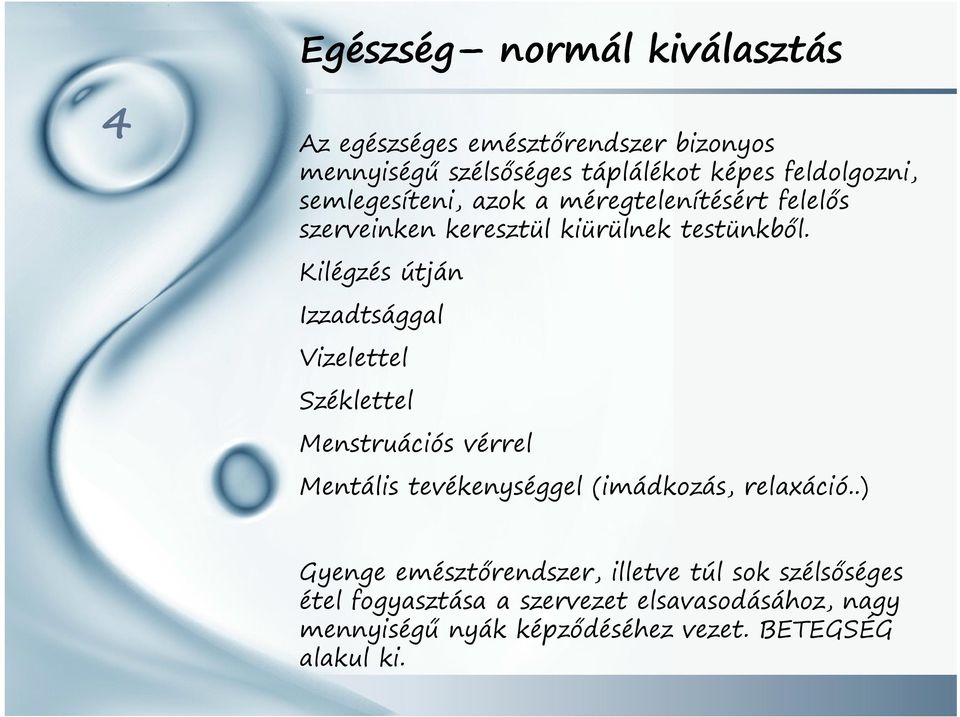 Kilégzés útján Izzadtsággal Vizelettel Széklettel Menstruációs vérrel Mentális tevékenységgel (imádkozás, relaxáció.