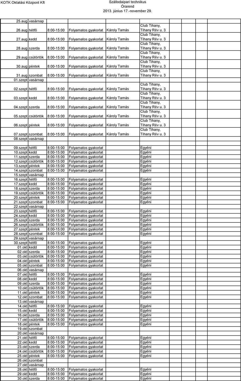 szept hétfő :00-15:00 Folyamatos gyakorlat Károly Tamás 03.szept kedd :00-15:00 Folyamatos gyakorlat Károly Tamás 0.szept szerda :00-15:00 Folyamatos gyakorlat Károly Tamás 05.