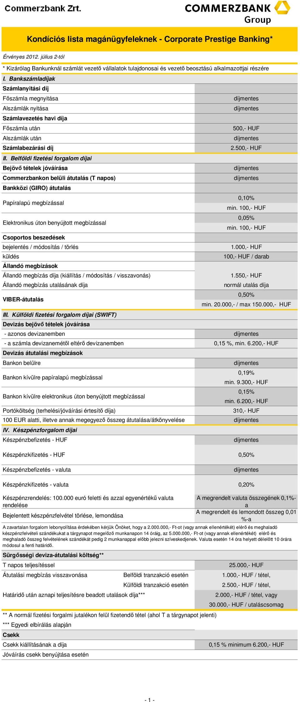 Belföldi fizetési forgalom díjai Bejövő tételek jóváírása Commerzbankon belüli átutalás (T napos) Bankközi (GIRO) átutalás 0,10% Papíralapú megbízással min.
