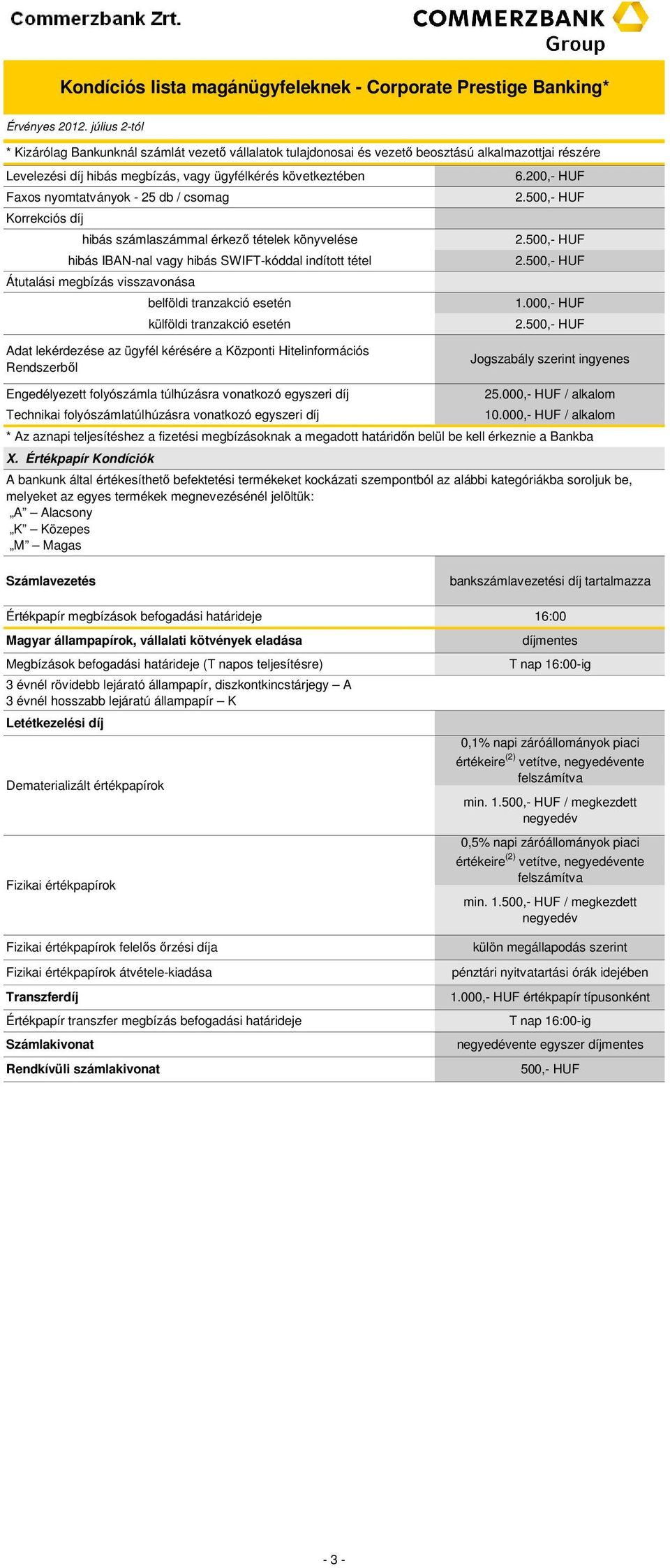 200,- HUF Faxos nyomtatványok - 25 db / csomag orrekciós díj hibás számlaszámmal érkező tételek könyvelése hibás IBN-nal vagy hibás SWIFT-kóddal indított tétel Átutalási megbízás visszavonása