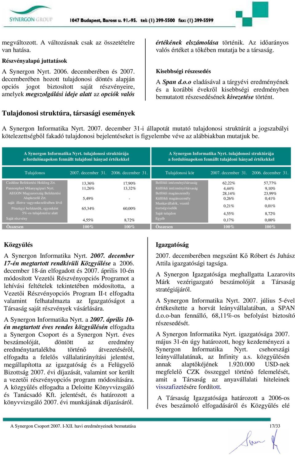 Az idıarányos valós értéket a tıkében mutatja be a társaság. Kisebbségi részesedés A Span d.o.o eladásával a tárgyévi eredményének és a korábbi évekrıl kisebbségi eredményben bemutatott részesedésének kivezetése történt.