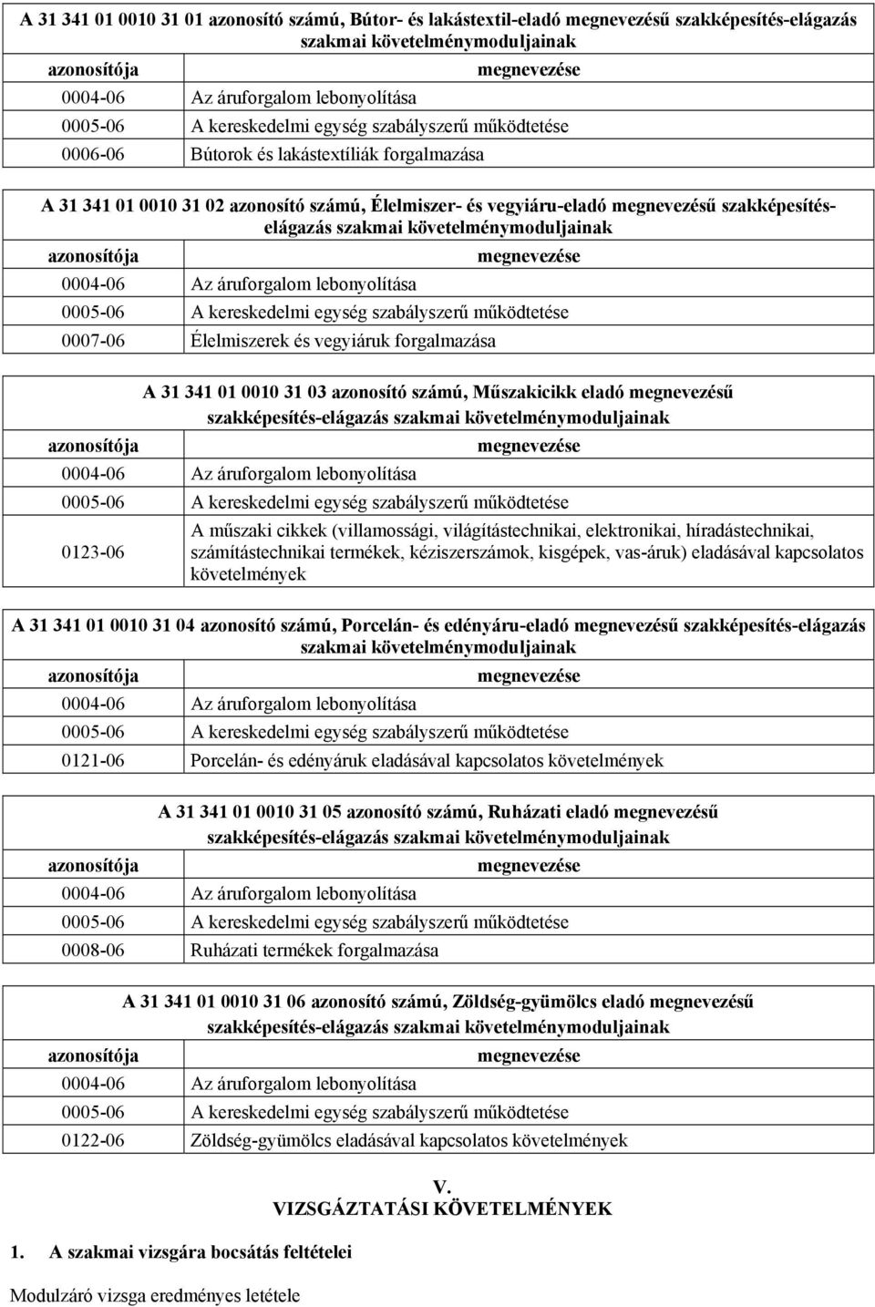 szakképesítéselágazás szakmai követelménymoduljainak azonosítója 0004-06 Az áruforgalom lebonyolítása megnevezése 0005-06 A kereskedelmi egység szabályszerű működtetése 0007-06 Élelmiszerek és