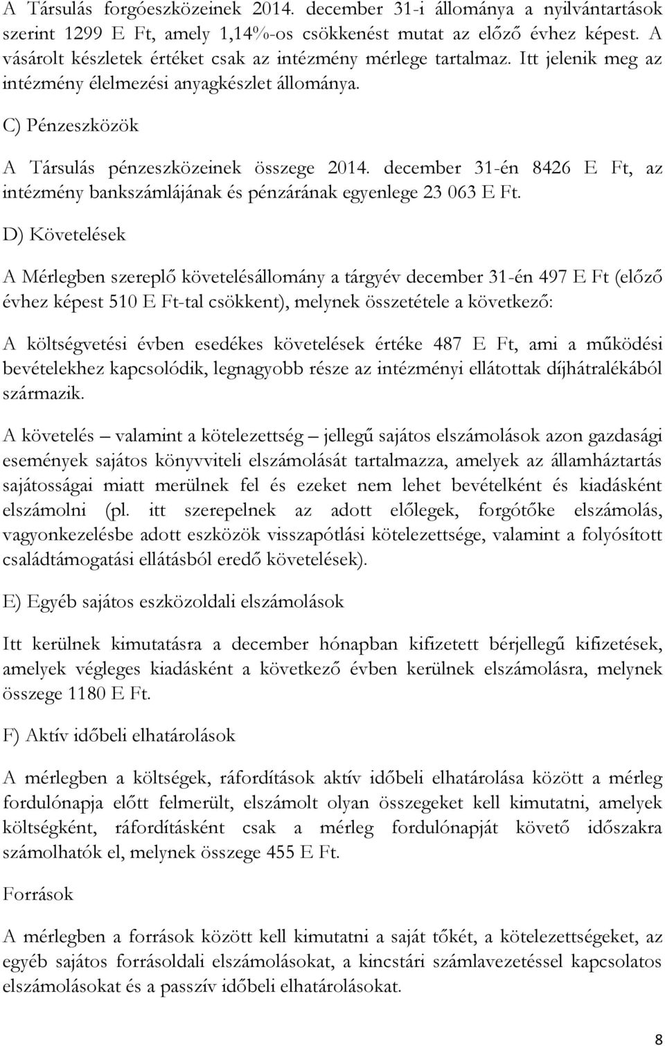 december 31-én 8426 E Ft, az intézmény bankszámlájának és pénzárának egyenlege 23 063 E Ft.
