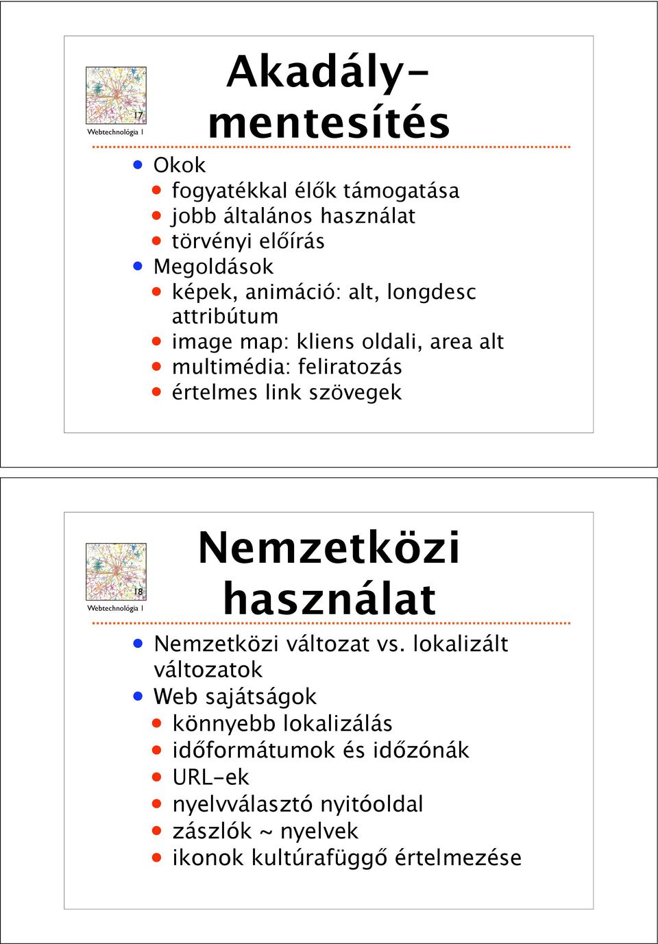 írás Megoldások képek, animáció: alt, longdesc attribútum image map: kliens oldali, area alt multimédia: feliratozás értelmes link szövegek THE INTERNET,mapped on the