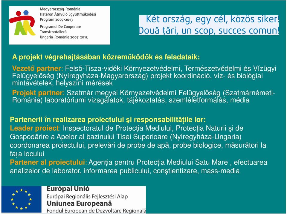 média Partenerii în realizarea proiectului şi responsabilităţile lor: Leader proiect: Inspectoratul de Protecţia Mediului, Protecţia Naturii şi de Gospodărire a Apelor al bazinului Tisei Superioare