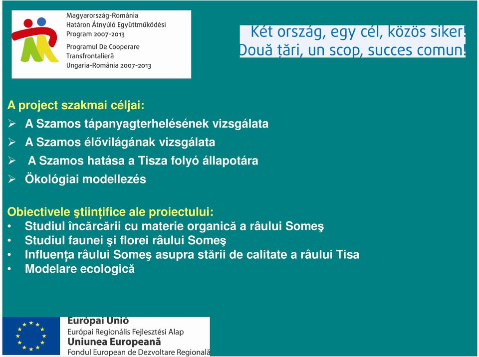 ştiinţifice ale proiectului: Studiul încărcării cu materie organică a râului Someş Studiul