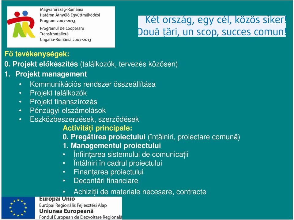 Eszközbeszerzések, szerződések Activităţi principale: 0. Pregătirea proiectului (întâlniri, proiectare comună) 1.