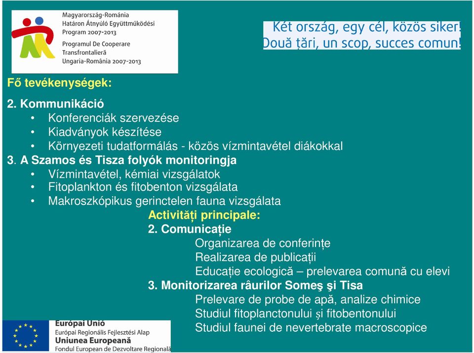 vizsgálata Activităţi principale: 2. Comunicaţie Organizarea de conferinţe Realizarea de publicaţii Educaţie ecologică prelevarea comună cu elevi 3.