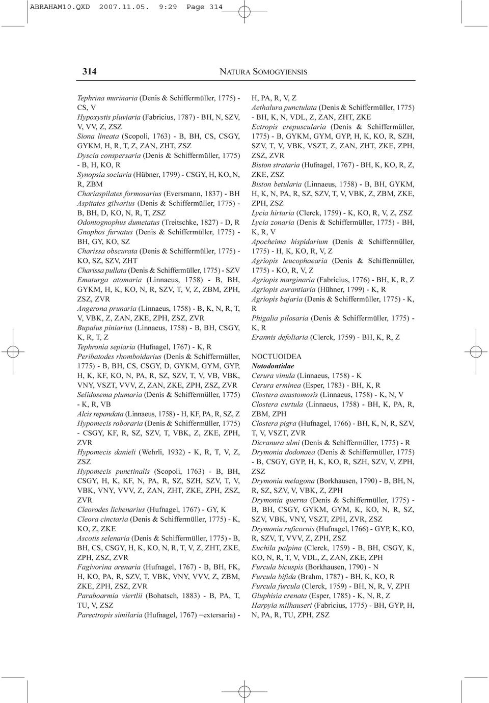 BH, CS, CSGY, GYKM, H, R, T, Z, ZAN, ZHT, ZSZ Dyscia conspersaria (Denis & Schiffermüller, 1775) - B, H, KO, R Synopsia sociaria (Hübner, 1799) - CSGY, H, KO, N, R, ZBM Chariaspilates formosarius