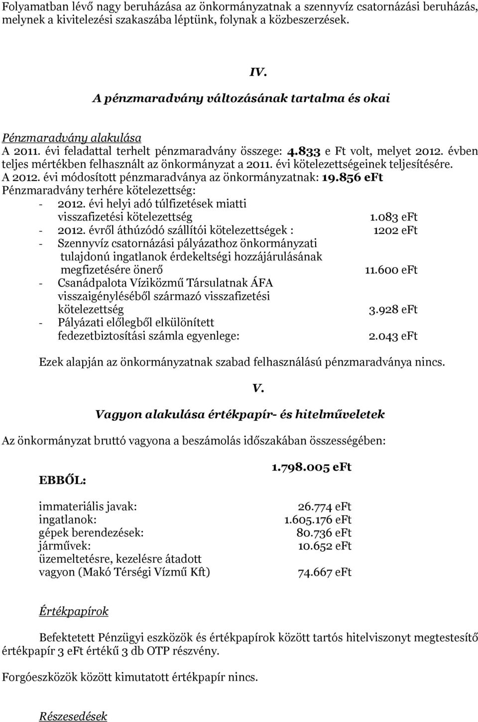 évben teljes mértékben felhasznált az önkormányzat a 2011. évi kötelezettségeinek teljesítésére. A 2012. évi módosított pénzmaradványa az önkormányzatnak: 19.