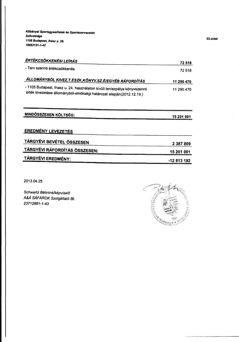 használatn kívoii teniszpálya könyvszarinti érték kivezetése állmányból-elnökségi határzat alapján(2012.12.19.