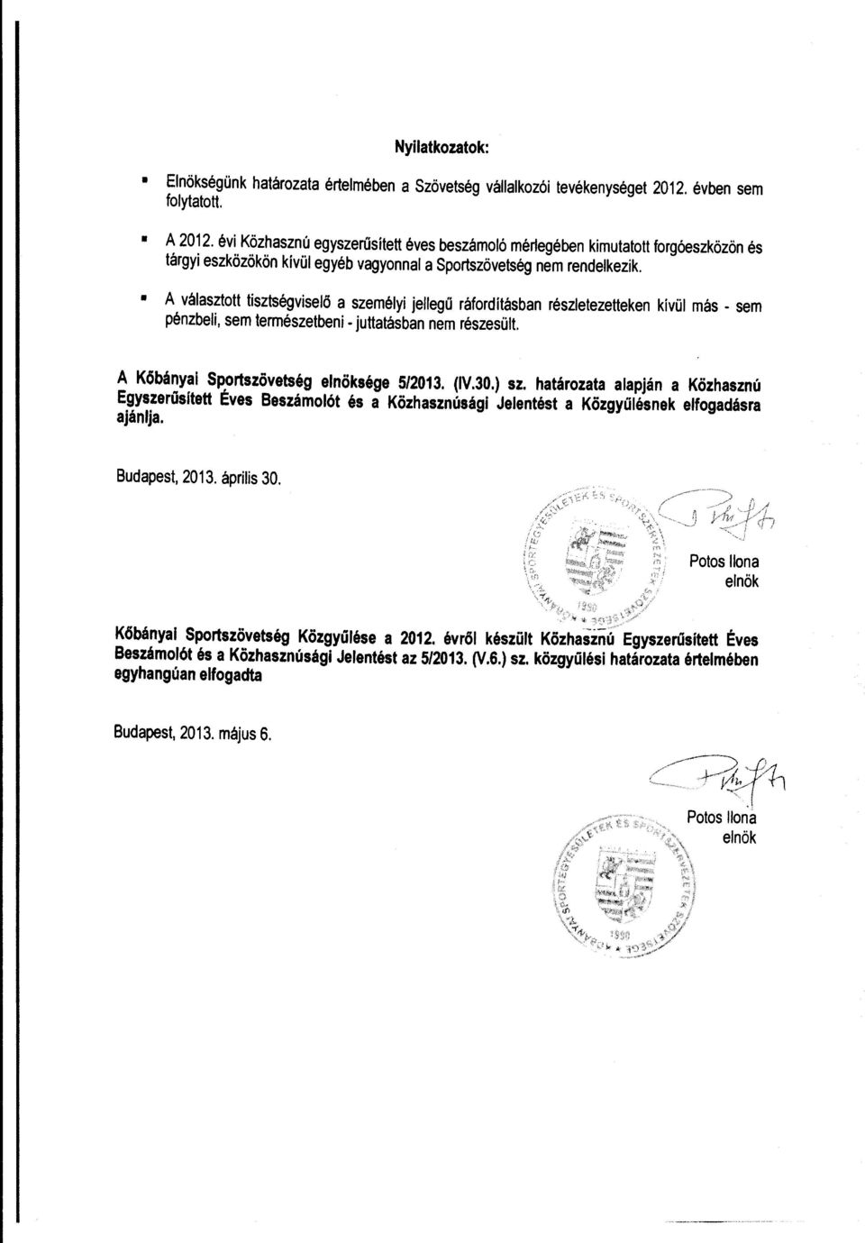 A választtt tisztségviselő a személyi jellegű ráfrdításban részletezetteken kívül más - sem pénzbeli, sem természetbeni- juttatásban nem részesült. A Kőbányai Sprtszövetség elnöksége 5/2013. (IV.30.