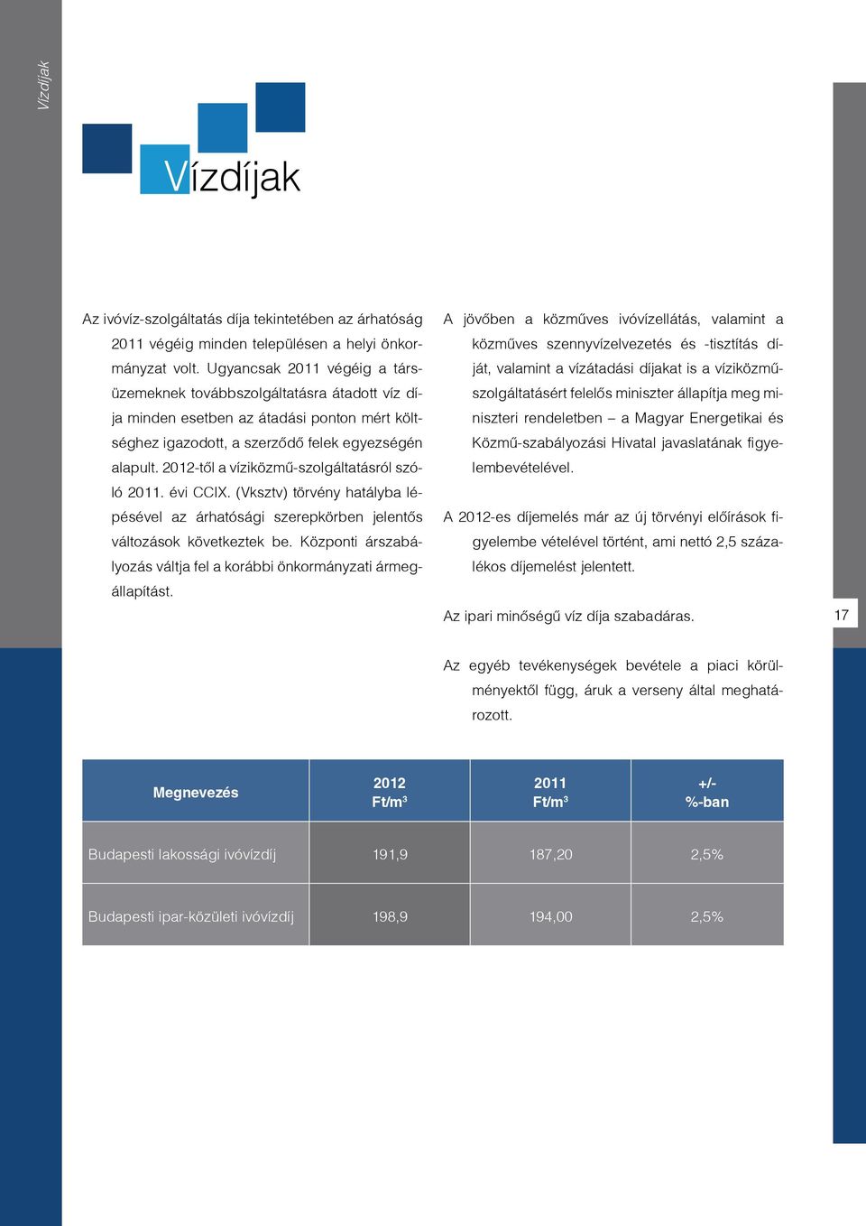 2012-tôl a víziközmû-szolgáltatásról szóló 2011. évi CCIX. (Vksztv) törvény hatályba lépésével az árhatósági szerepkörben jelentôs változások következtek be.