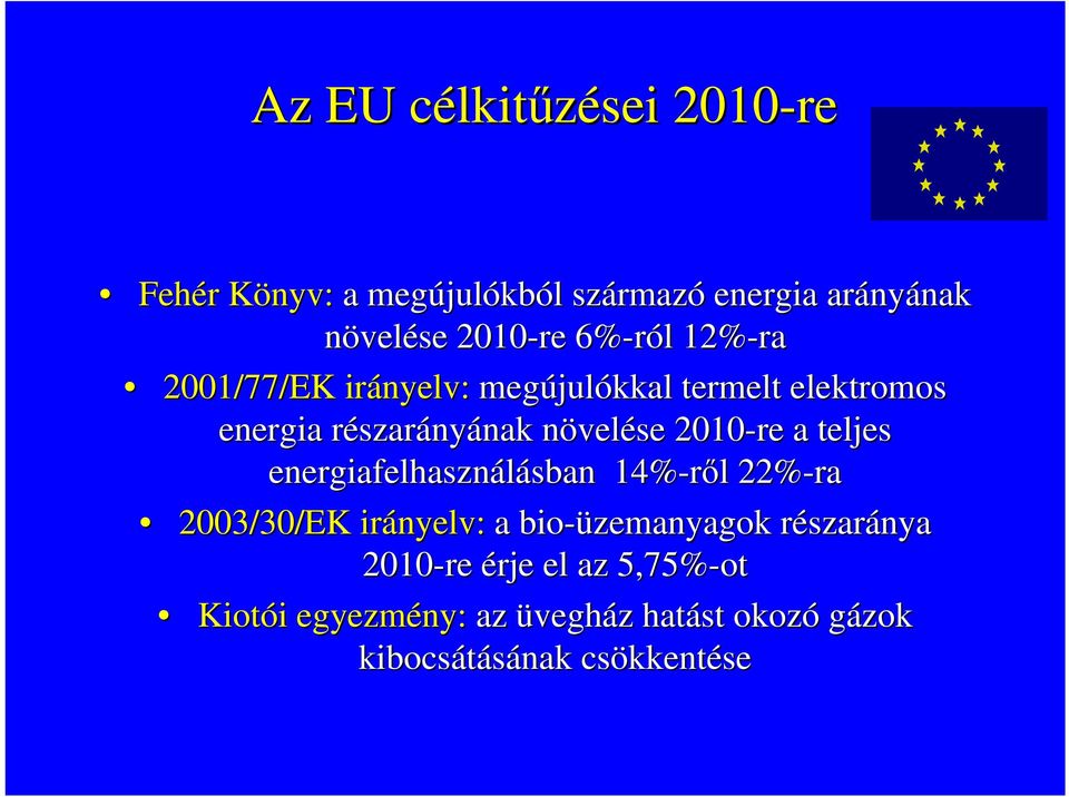 nak növeln velése 2010-re a teljes energiafelhasználásban sban 14%-ről l 22%-ra 2003/30/EK irányelv: a