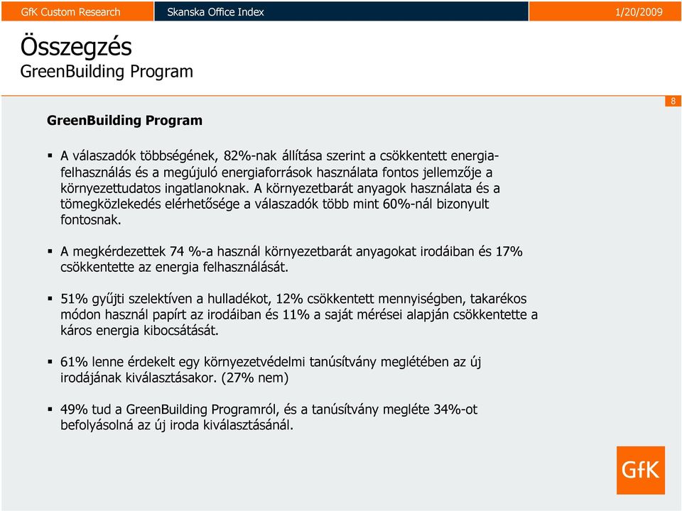 A megkérdezettek 74 %-a használ környezetbarát anyagokat irodáiban és 17% csökkentette az energia felhasználását.