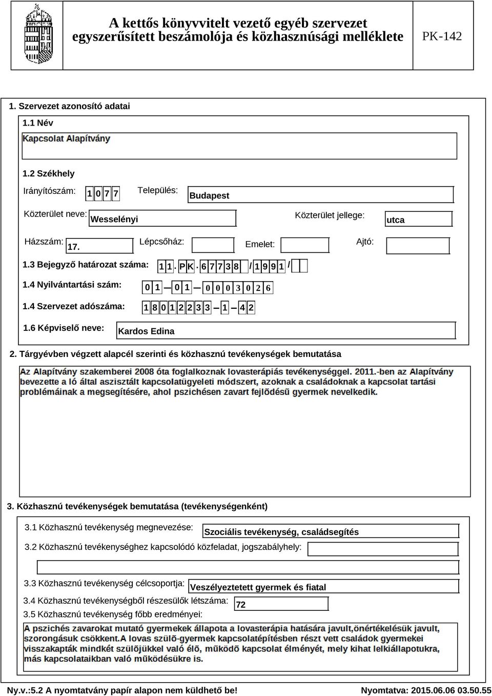 Tárgyévben végzett alapcél szerinti és közhasznú tevékenységek bemutatása Szöveg 3. Közhasznú tevékenységek bemutatása (tevékenységenként) 3.