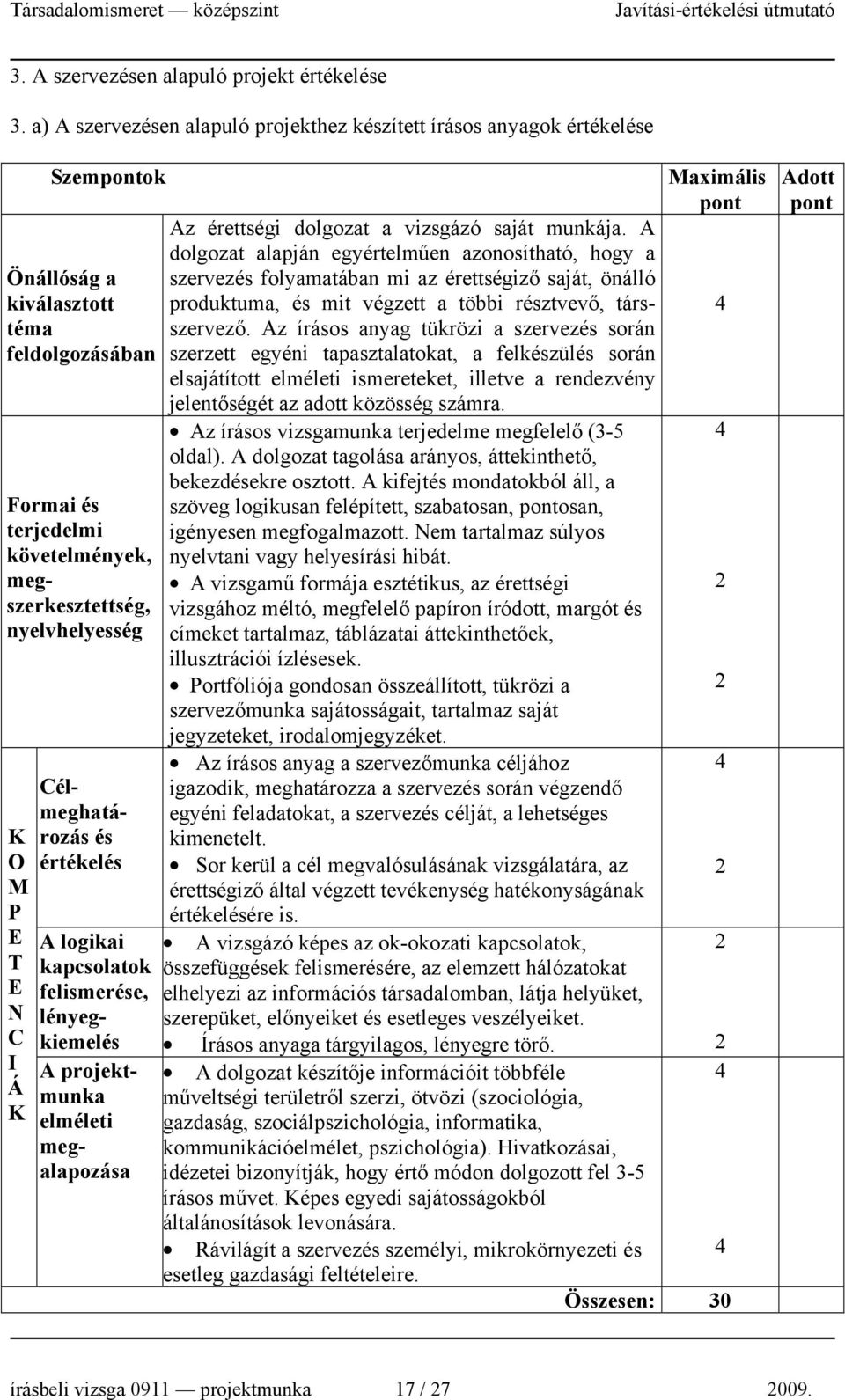 élmeghatározás és értékelés A logikai kapcsolatok felismerése, lényegkiemelés A projektmunka elméleti megalapozása Az érettségi dolgozat a vizsgázó saját munkája.