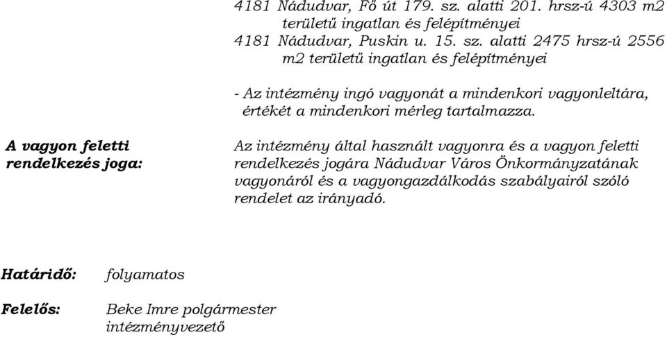 alatti 2475 hrsz-ú 2556 m2 területű ingatlan és felépítményei - Az intézmény ingó vagyonát a mindenkori vagyonleltára, értékét a mindenkori