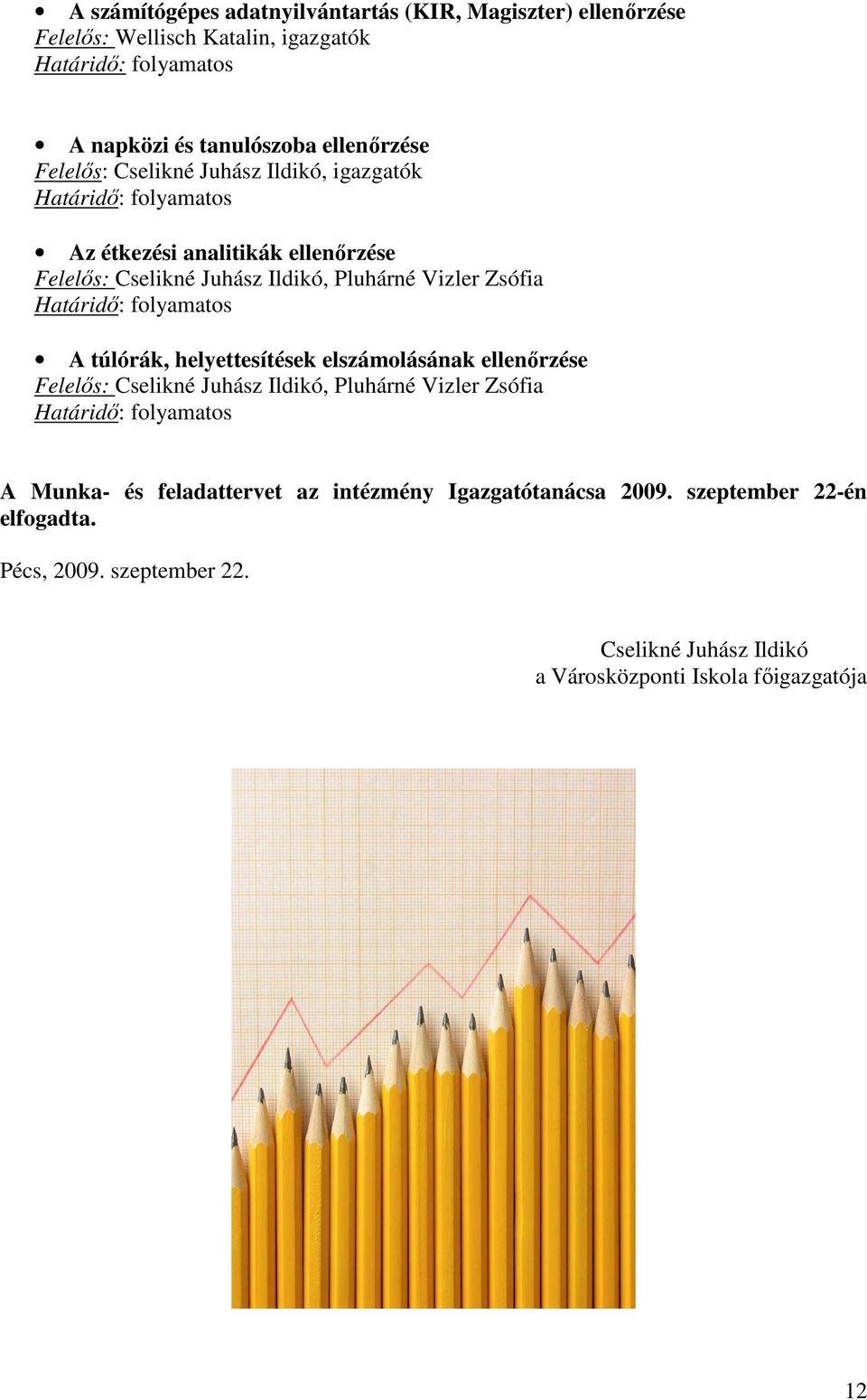 helyettesítések elszámolásának ellenőrzése, Pluhárné Vizler Zsófia A Munka- és feladattervet az intézmény