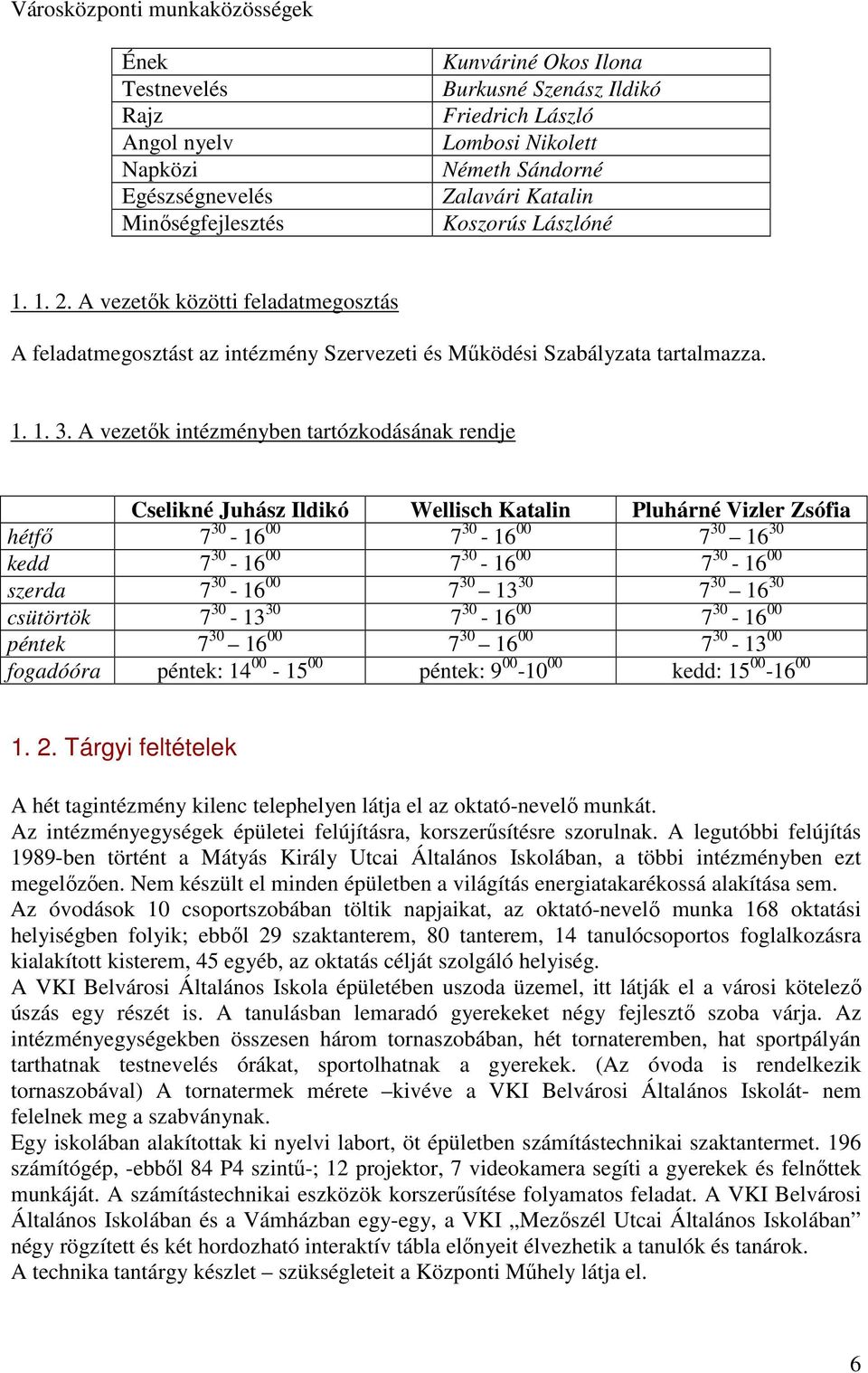 A vezetők intézményben tartózkodásának rendje Cselikné Juhász Ildikó Wellisch Katalin Pluhárné Vizler Zsófia hétfő 7 30-16 00 7 30-16 00 7 30 16 30 kedd 7 30-16 00 7 30-16 00 7 30-16 00 szerda 7