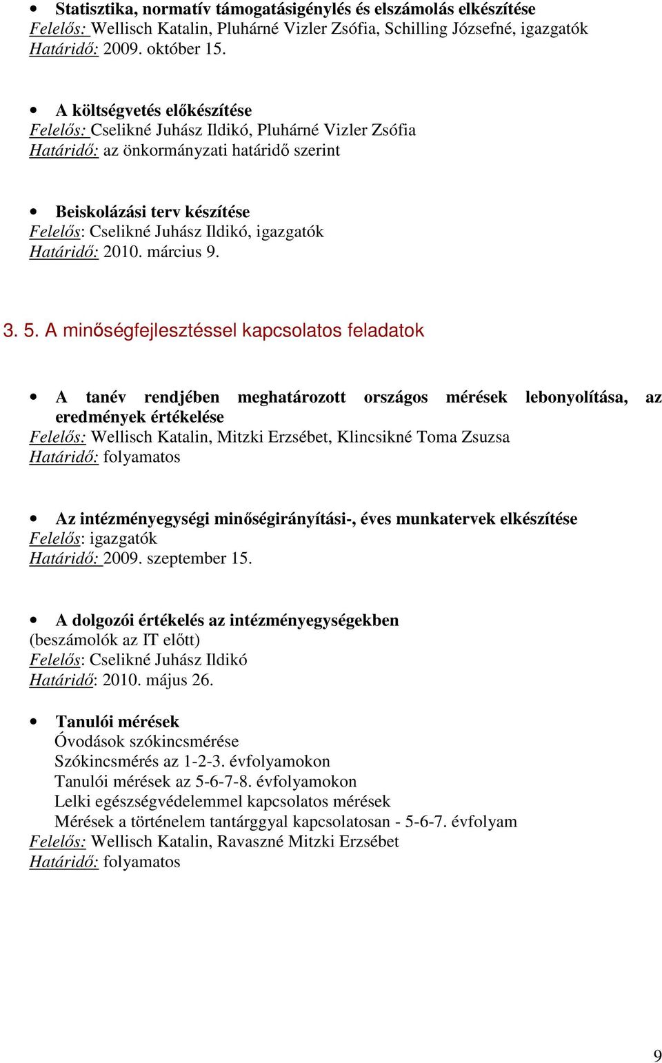 A minőségfejlesztéssel kapcsolatos feladatok A tanév rendjében meghatározott országos mérések lebonyolítása, az eredmények értékelése Felelős: Wellisch Katalin, Mitzki Erzsébet, Klincsikné Toma