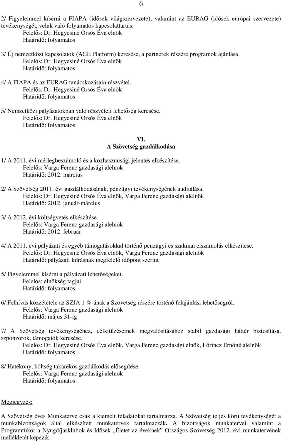 VI. A Szövetség gazdálkdása 1/ A 2011. évi mérlegbeszámló és a közhasznúsági jelentés elkészítése. Határidı: 2012. március 2/ A Szövetség 2011. évi gazdálkdásának, pénzügyi tevékenységének auditálása.