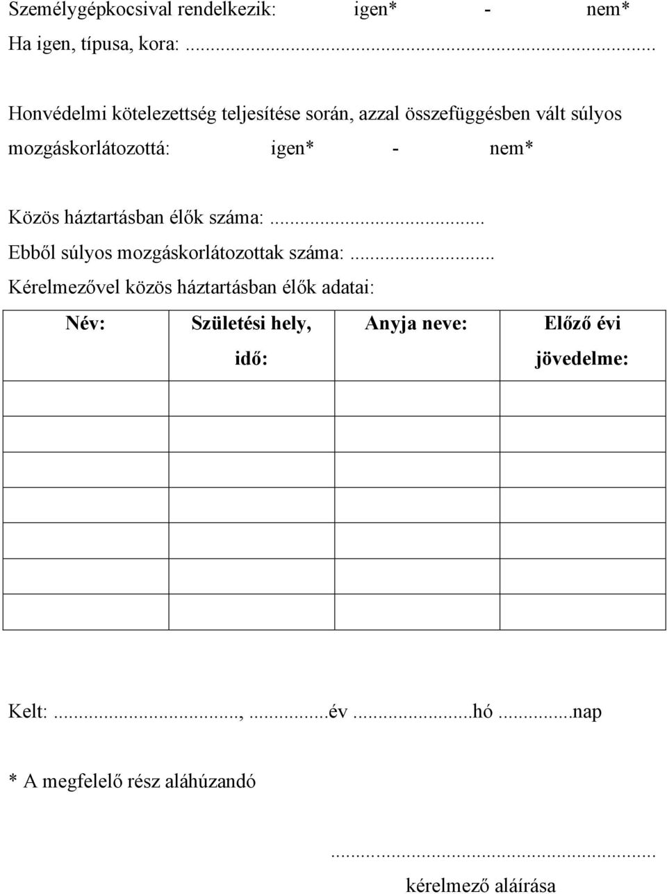 nem* Közös háztartásban élők száma:... Ebből súlyos mozgáskorlátozottak száma:.