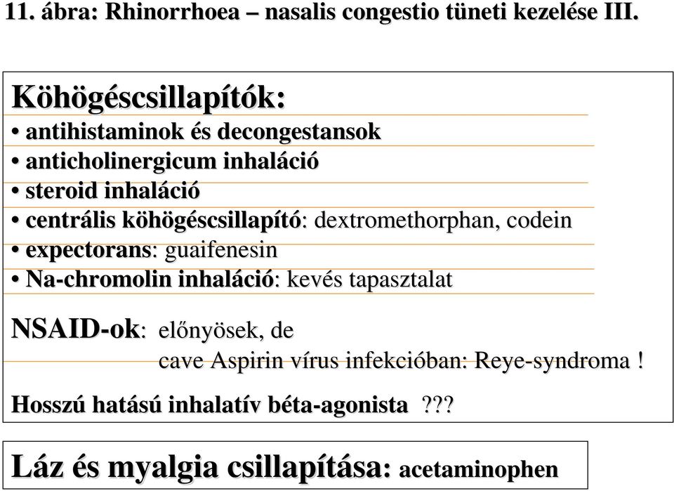 köhögéscsillapk scsillapító: dextromethorphan, codein expectorans: guaifenesin Na-chromolin inhaláci : : kevés s