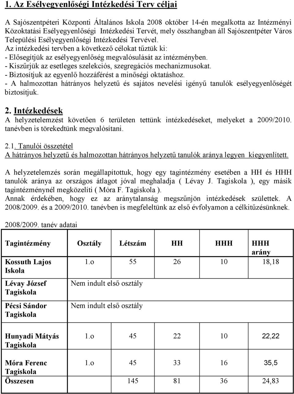 Az intézkedési tervben a következı célokat tőztük ki: - Elısegítjük az esélyegyenlıség megvalósulását az intézményben. - Kiszőrjük az esetleges szelekciós, szegregációs mechanizmusokat.