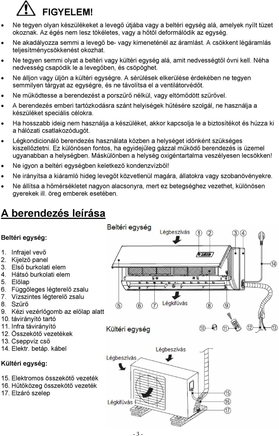 Ne tegyen semmi olyat a beltéri vagy kültéri egység alá, amit nedvességtől óvni kell. Néha nedvesség csapódik le a levegőben, és csöpöghet. Ne álljon vagy üljön a kültéri egységre.