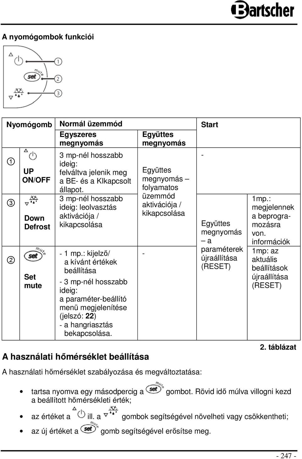 : kijelző/ a kívánt értékek beállítása - 3 mp-nél hosszabb ideig: a paraméter-beállító menü megjelenítése (jelszó: 22) - a hangriasztás bekapcsolása.