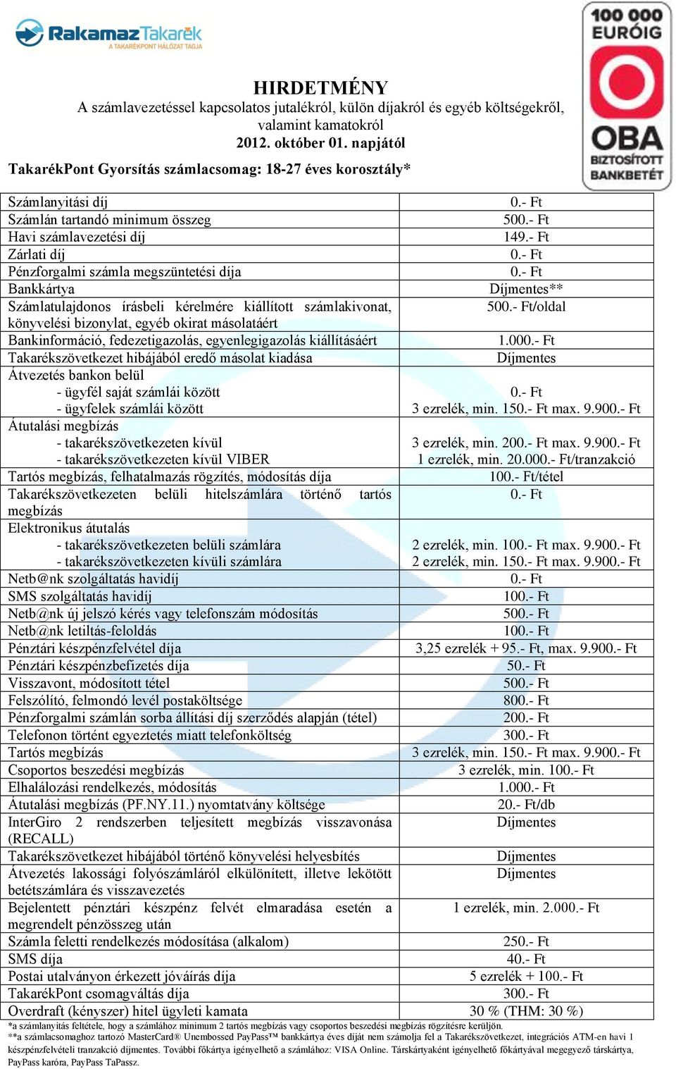 15 max. 9.90 3 ezrelék, min. 10 1.00 2/db Bejelentett pénztári készpénz felvét elmaradása esetén a 1 ezrelék, min. 2.00 25 4 5 ezrelék + 10 30 *a számlanyitás feltétele, hogy a számlához minimum 2 tartós vagy csoportos beszedési rögzítésre kerüljön.