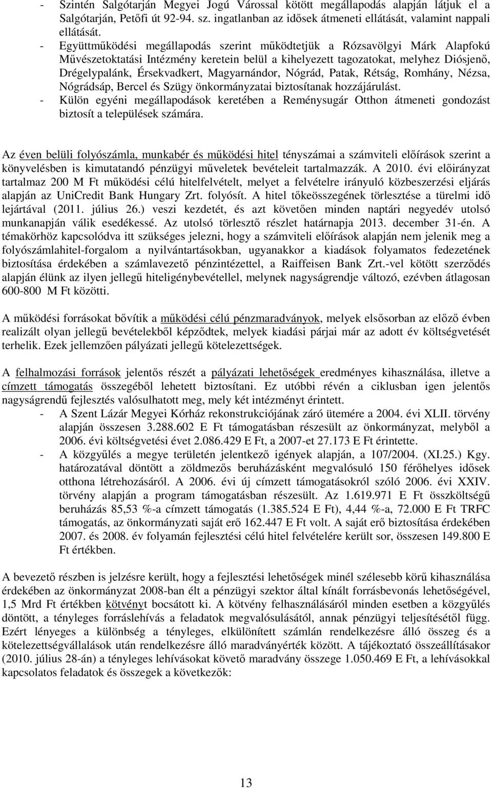 Magyarnándor, Nógrád, Patak, Rétság, Romhány, Nézsa, Nógrádsáp, Bercel és Szügy önkormányzatai biztosítanak hozzájárulást.