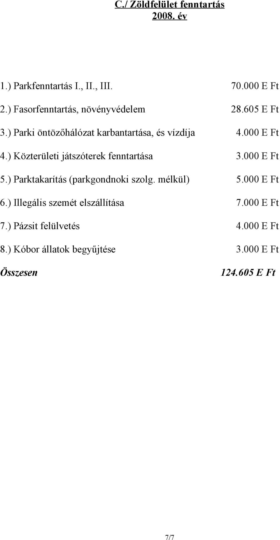 ) Közterületi játszóterek fenntartása 3.000 E Ft 5.) Parktakarítás (parkgondnoki szolg. mélkül) 5.000 E Ft 6.