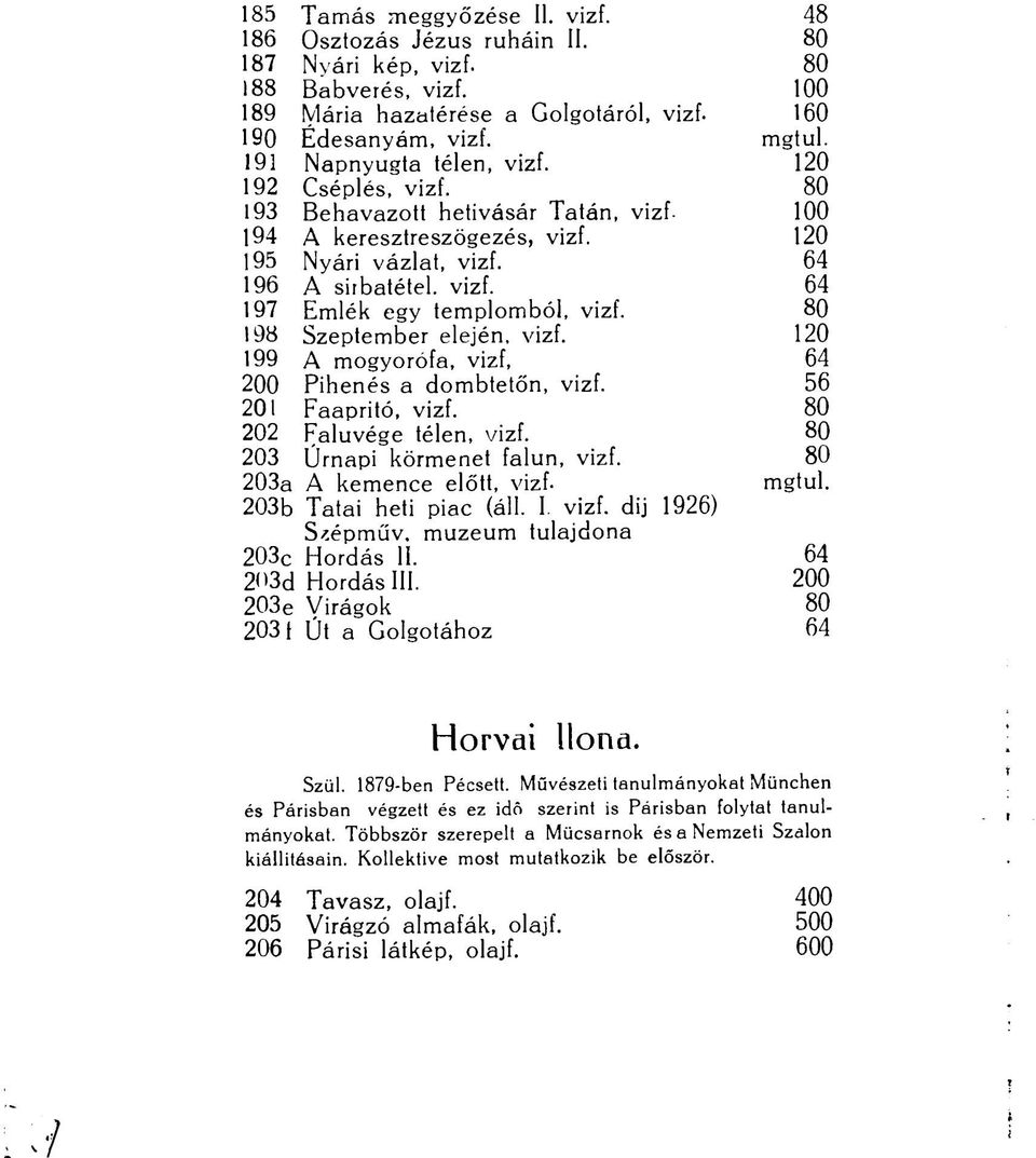 80 198 Szeptember elején, vizf. 120 199 A mogyorófa, vizf, 64 200 Pihenés a dombtetőn, vizf. 56 201 Faapritó, vizf. 80 202 Faluvége télen, vizf. 80 203 Úrnapi körmenet falun, vizf.