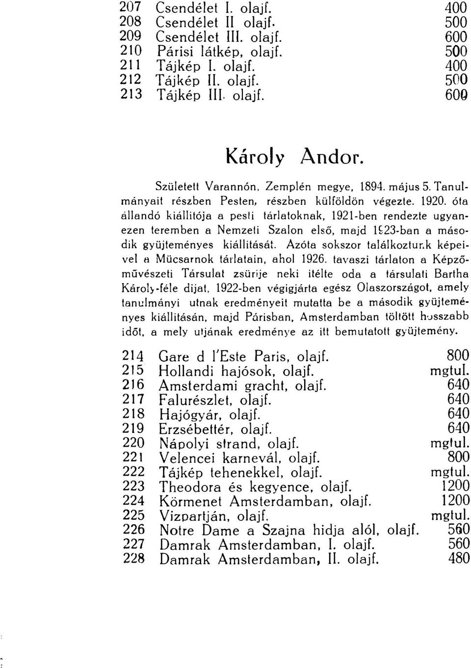 óta állandó kiállítója a pesli tárlatoknak, 1921-ben rendezte ugyanezen teremben a Nemzeti Szalon első, majd l 23-ban a második gyűjteményes kiállítását.